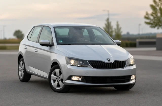 Silver Skoda Fabia parked on a road at dusk, front three-quarter view